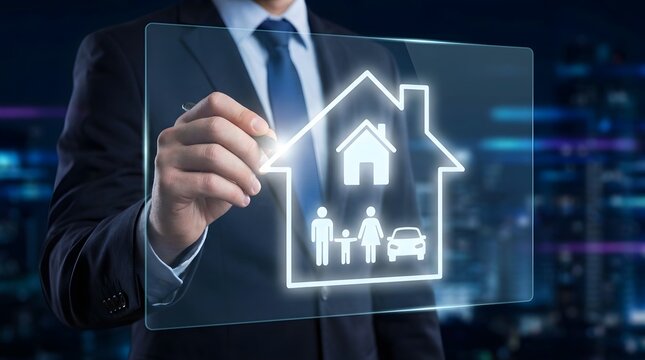 Businessman drawing a digital icon of a family home and car on screen
