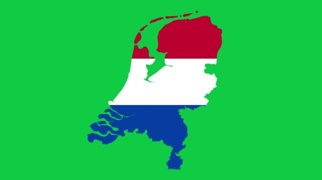 Netherlands map pop animation with flag colors and green background