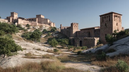 Fototapeta premium Majestic Historic Castle Perched atop a Hill Under a Vast Open Sky