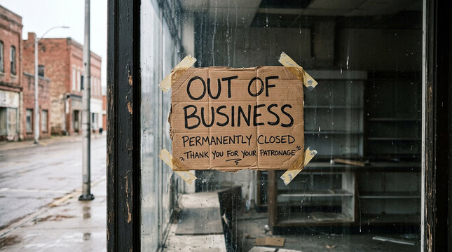 Cardboard out of business sign taped to a dirty shop window on a rainy day closed