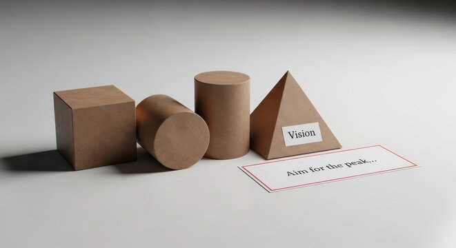 Geometric shapes cube, cylinders, and pyramid with motivational text 'Vision' and 'Aim for the peak' for business success concepts