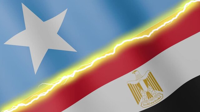 Two waving flags Somalia and Egypt with diagonal lightning seamless, 4k loop