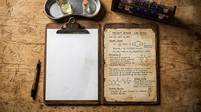 Clipboard with blank paper and handwritten lab notes with chemical formulas science