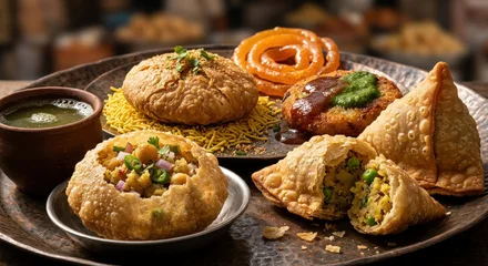 Assortment of delicious Indian street food snacks served on a platter © Rajesh