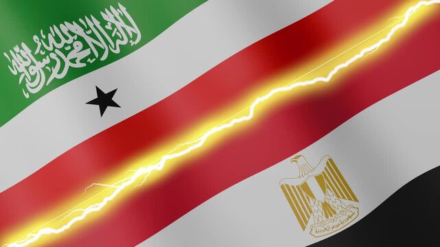 Two waving flags Somaliland and Egypt with diagonal lightning seamless, 4k loop