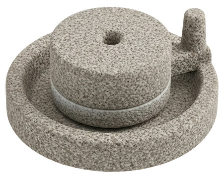 Traditional gray granite stone quern manual grain mill with transparent backdrop