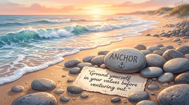 Inspirational beach scene with anchor stone and quote about grounding values at sunset