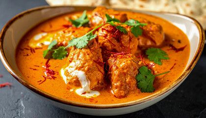 Fototapeta premium Rich and creamy butter chicken curry with fresh cilantro and saffron garnish