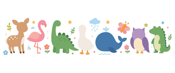 Naklejka premium Cute animals. Vector isolated children's illustrations of a deer, fawn, flamingo, dinosaur, goose, owl, and crocodile on a transparent background for children's cards, stickers, icons, and scrapbookin