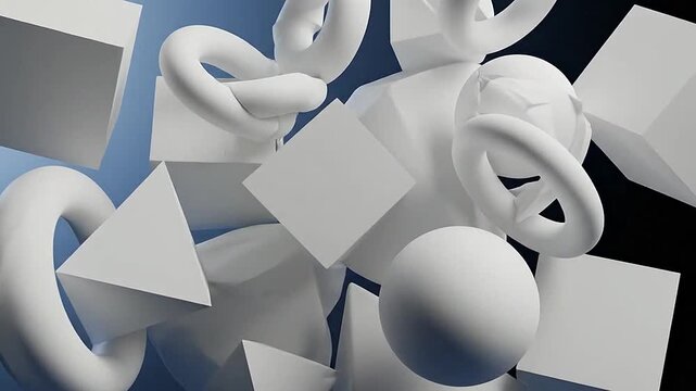 A collection of white geometric shapes floating against a dark blue gradient background
