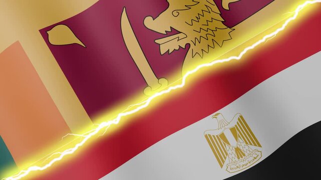 Two waving flags Sri Lanka and Egypt with diagonal lightning seamless, 4k loop