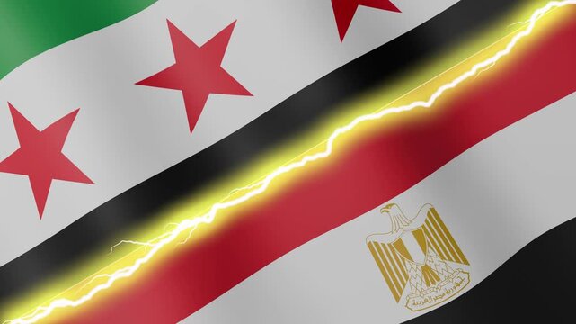 Two waving flags Syria and Egypt with diagonal lightning seamless, 4k loop