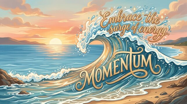 Inspirational ocean wave with "Momentum" and "Embrace the surge of energy" text during a beautiful sunset