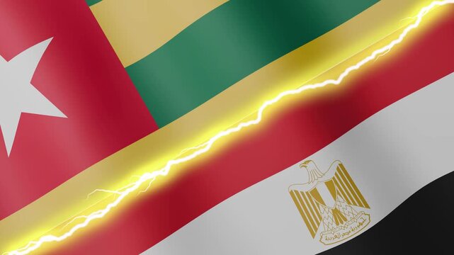 Two waving flags Togo and Egypt with diagonal lightning seamless, 4k loop