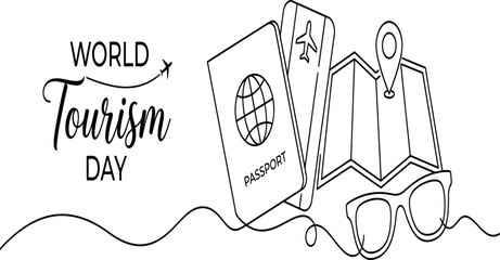 World Tourism Day Continuous Line Drawing With Travel Accessories And Global Exploration Theme © NAHID