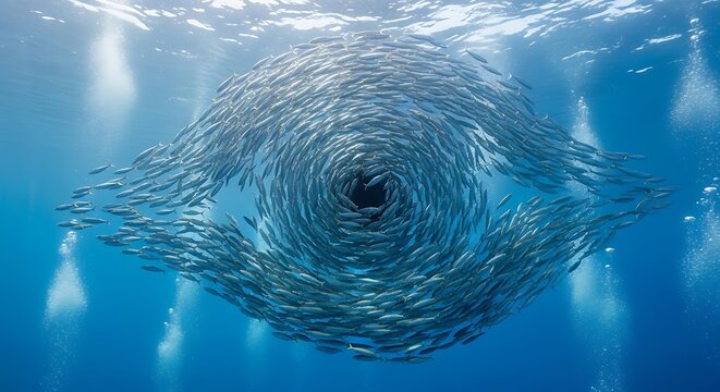 Swirling blue water vortex with dark center.