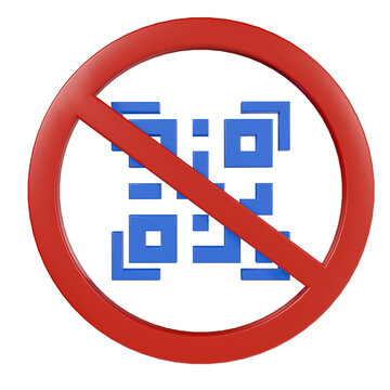 QR code with red prohibition sign, 3D render illustration. QR code blocked, scan denied, cyber security hazard, fake quick response code scanner warning concept
