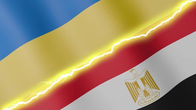 Two waving flags Ukraine and Egypt with diagonal lightning seamless, 4k loop