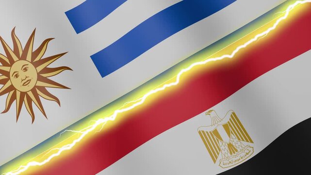 Two waving flags Uruguay and Egypt with diagonal lightning seamless, 4k loop