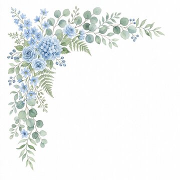 Beautiful corner floral frame arrangement with soft blue flowers and grey eucalyptus leaves illustration