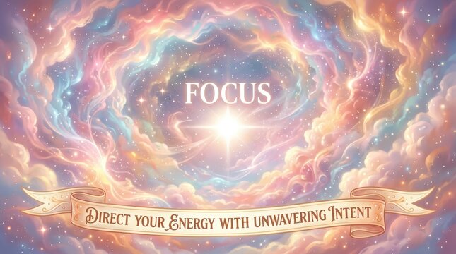 Inspiring Cosmic Dreamscape with 'FOCUS' and 'Direct Your Energy with Unwavering Intent' Message