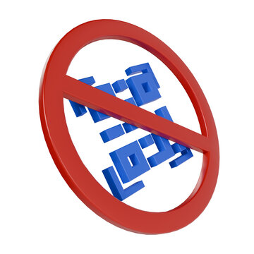 QR code with red prohibition sign, 3D render illustration. QR code blocked, scan denied, cyber security hazard, fake quick response code scanner warning concept