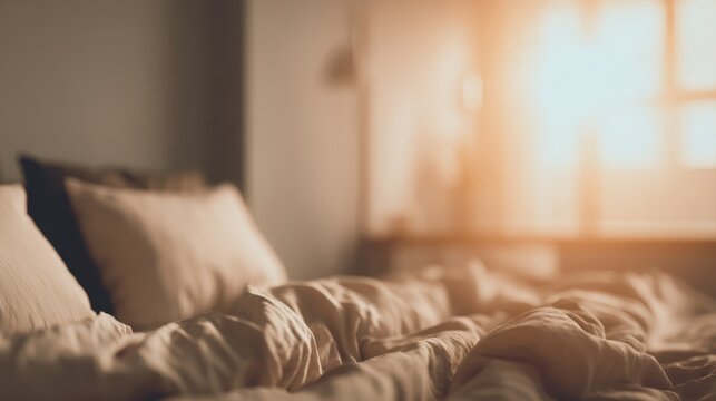Peaceful morning light streaming into a minimalist bedroom with a neatly made bed