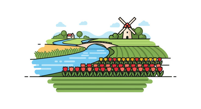Scenic dutch landscape with windmill and tulip fields