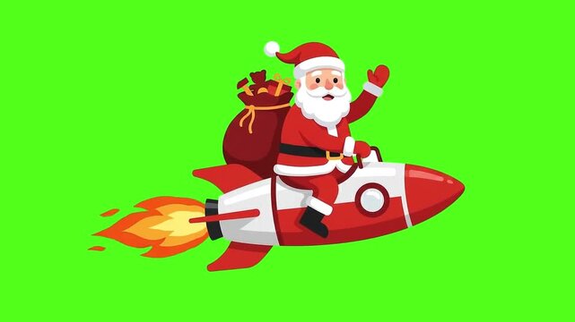 Santa Claus Riding Rocket Animation on Green Screen