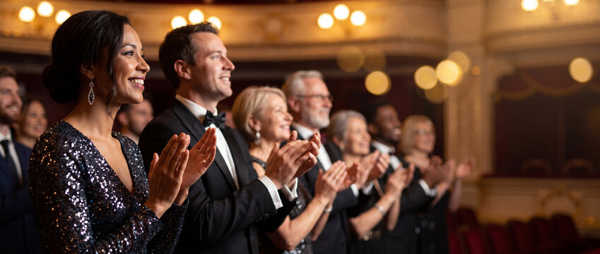 Elegant theater audience clapping in standing ovation during a formal premiere event, featuring diverse people in evening wear inside a classic opera hall with warm bokeh lights