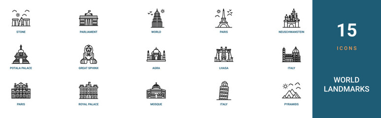 Obraz premium Set of 15 outline web World Landmarks icons such as pyramids, italy, mosque, royal palace, paris, italy, lhasa vector icons for report, presentation, diagram, web design, mobile app