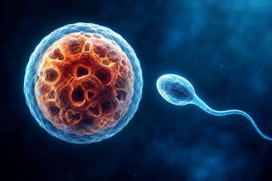 AI generated detailed human egg sperm cell illustrating fertilization reproductive biology embryology fertility medical research cellular science healthcare innovation