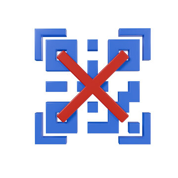 3d render QR Code with Red Cross Mark representing Failed Scan, Invalid Link, or Expired Barcode Digital Concept