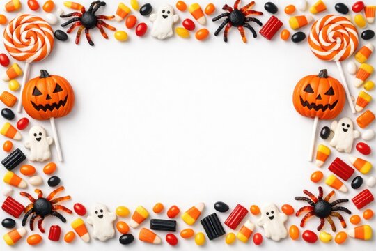 Halloween candy border with pumpkins and lollipops on white background for festive design