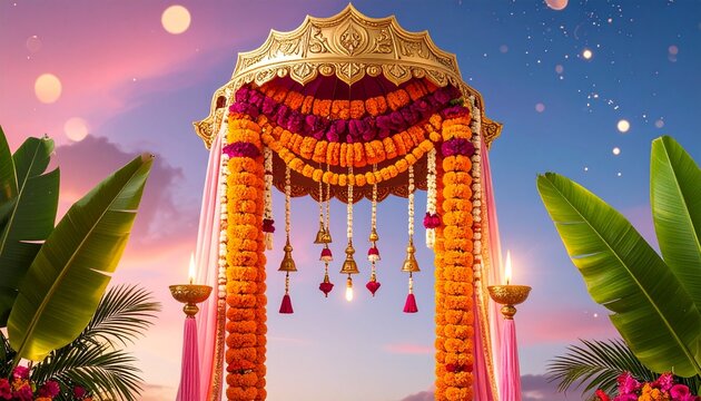 Luxury Indian Wedding Mandap witn Marigold Floral Decoration and Traditional Stage