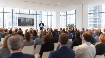 Obraz premium Senior executive delivering engaging speech to attentive corporate audience in modern conference hall with cityscape view