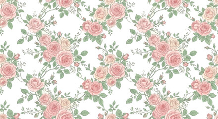 Fototapeta premium Floral pattern with pink roses and green leaves