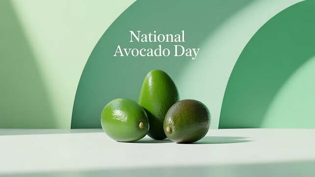 Three avocados displayed on a white surface against a green geometric background with 'National Avocado Day' text