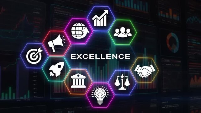 Digital excellence concept connecting global business and growth icons motion.