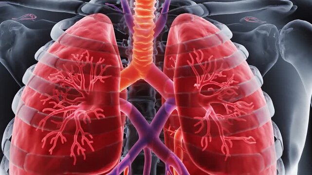 Human Respiratory System A detailed medical illustration showcases the intricate structure of the human lungs and trachea highlighting the delicate network of airways and blood vessels