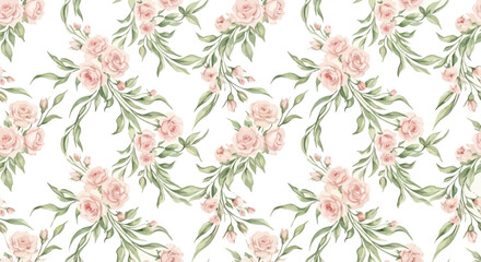 Fototapeta premium Pink flowers and green leaves floral pattern