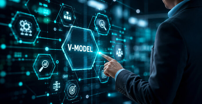 AI generated business professional interacting digital V Model interface for project management systems engineering workflow automation technology innovation