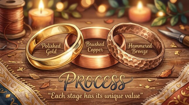 Jewelry making process: gold, copper, bronze rings and crafting tools, concept of craftsmanship and value