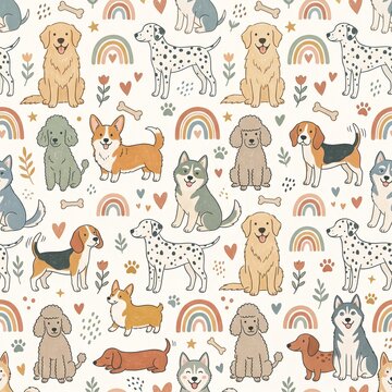 Minimal Dog Character Seamless Pattern in Nordic Style