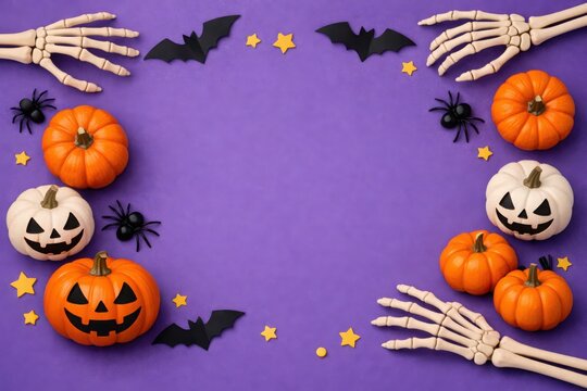 Halloween pumpkins and skeleton hands arranged with bats and stars on a purple background with copy space
