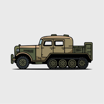 A side view of a vintage military half-track vehicle is illustrated in a clean vector.