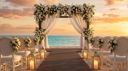 Fototapeta premium Elegant beach wedding ceremony setup at sunset by the ocean with wedding arch
