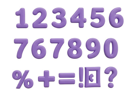 Lavender three dimensional numbers and symbols set against a black backdrop on transparent background digits purple violet