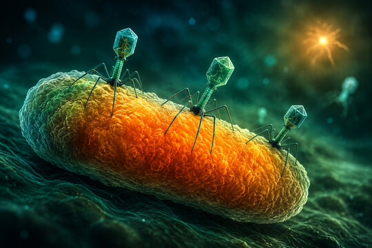 AI generated bacteriophages attaching to bacterial cell vibrant microscopic environment illustrating viral infection biotechnology microbiology biomedical research medical science