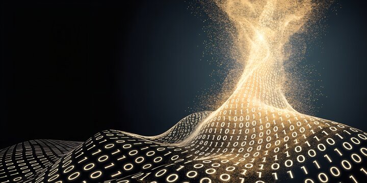 Streams of binary code flowing like a river, gradually transforming into golden light particles as they rise upward, dark gradient background, data to value transformation concept